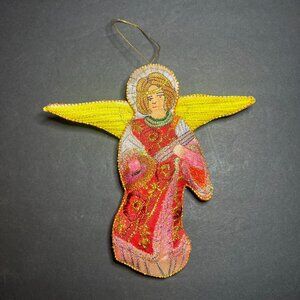 Vintage Embroidered Silk Angel Playing a Lute Instrument Christmas Ornament 6"